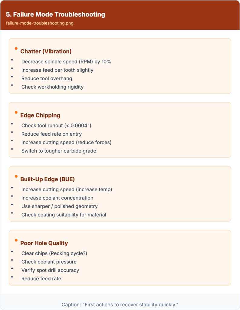Troubleshooting table for chatter, chipping, built-up edge, hole quality